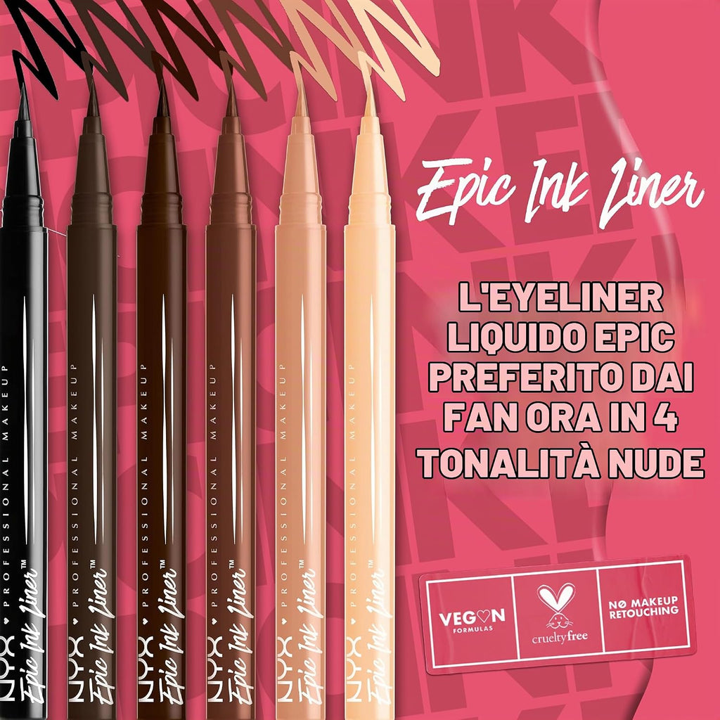 Epic Ink Liner, Eyeliner Liquido Impermeabile, Nero (2 Pezzi), Formula Vegana